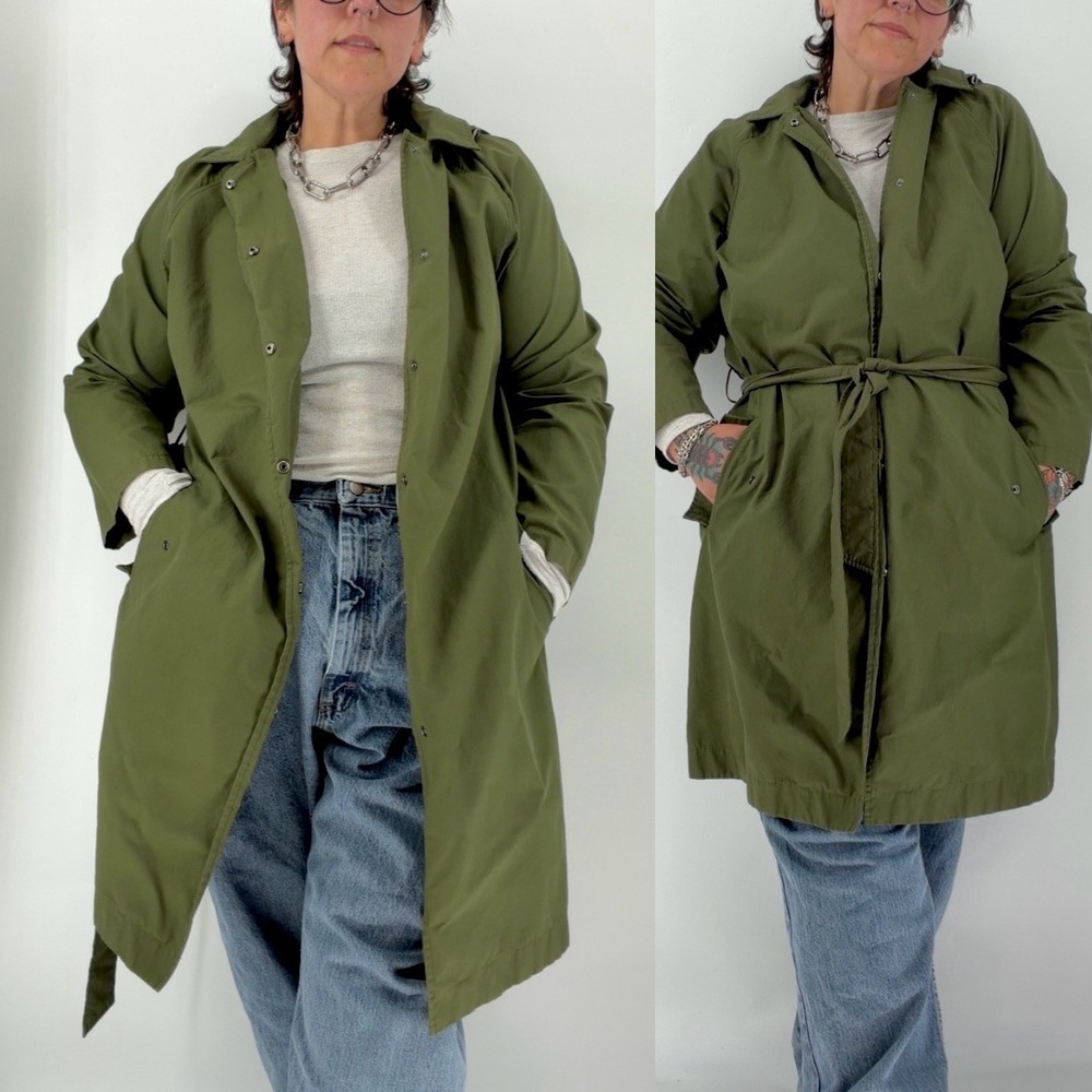 Ava & Viv rain jacket trench coat 1X olive green belt hooded pockets plus size